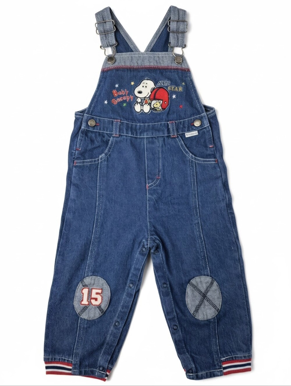VTG 90s Baby Snoopy Denim Overalls Embroidered Football All Star 24M Peanuts